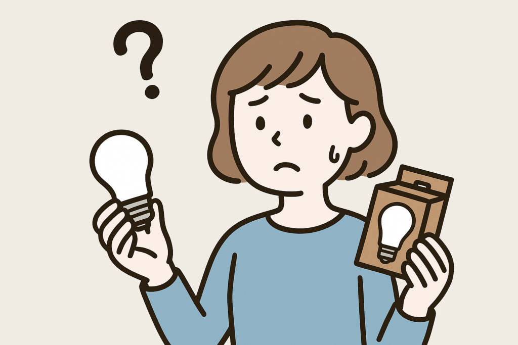 右手にこれまで使っていた電球を持ち、左手にパッケージに入った電球を持って疑問の表情を浮かべる女性