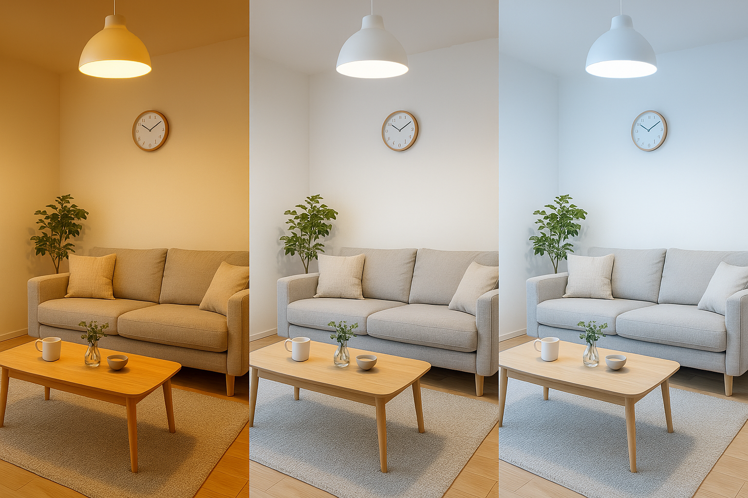 照明の色が違う（電球色、昼白色、昼光色）リビング画像が横に3つ並んでいる