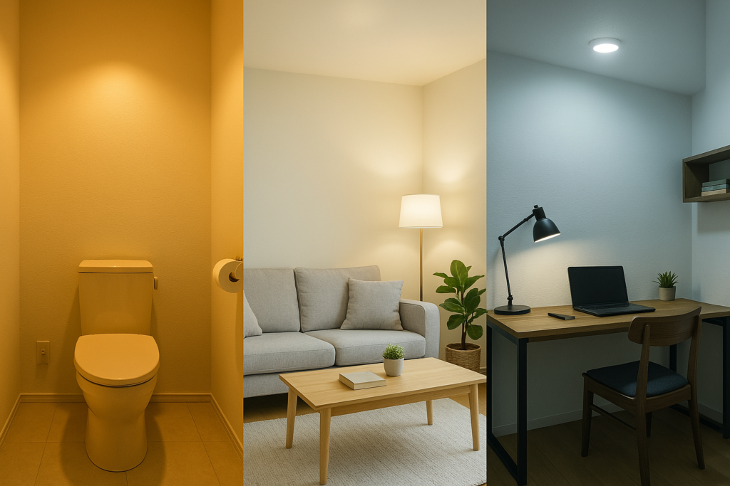 3つの部屋の画像、トイレは電球色、リビングは昼白色、書斎は昼光色