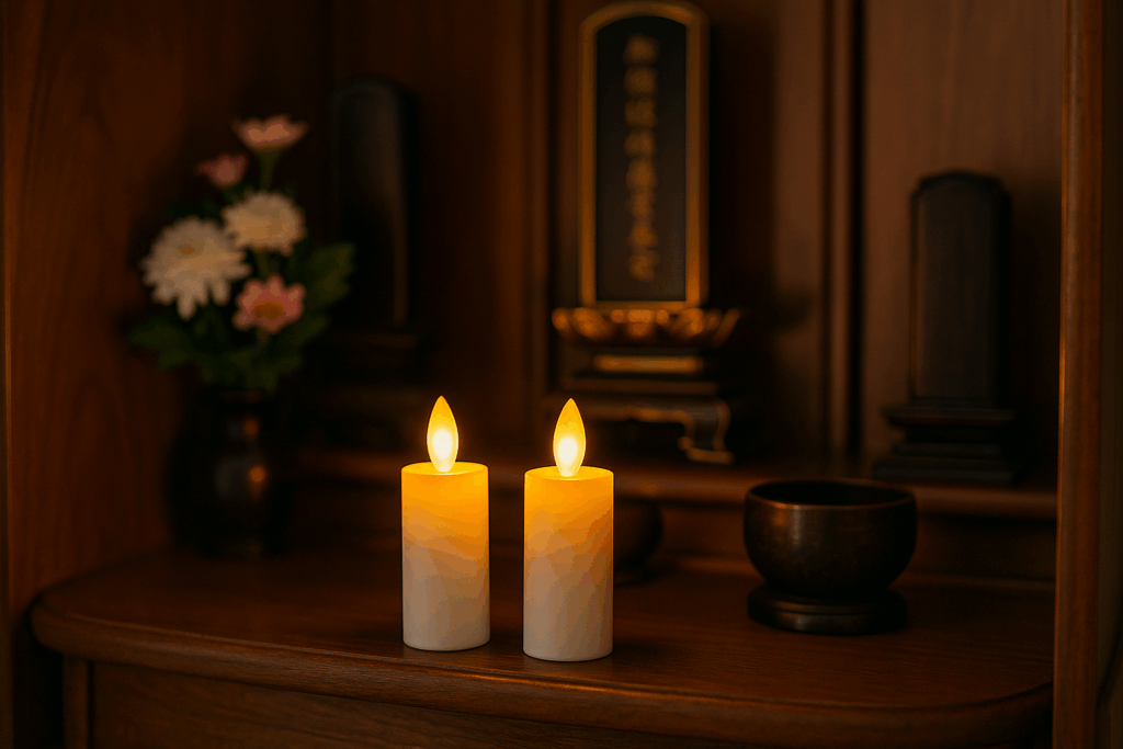 LEDろうそくが置かれた仏壇