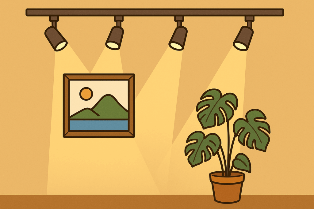 壁の絵画や観葉植物を照らすスポットライト