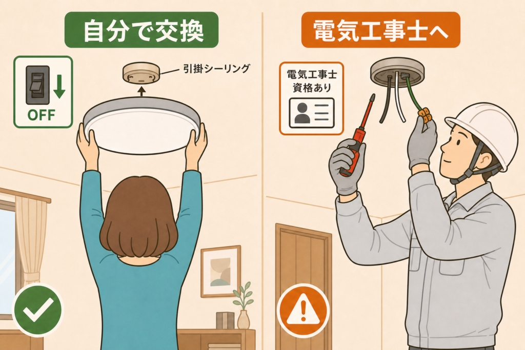 自分で交換できる照明器具と電気工事士へ依頼する配線工事の違い
