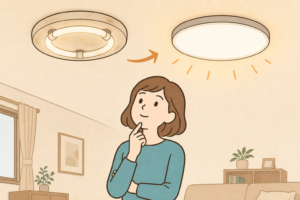 古い蛍光灯器具と新しいLEDシーリングライトを見比べる女性