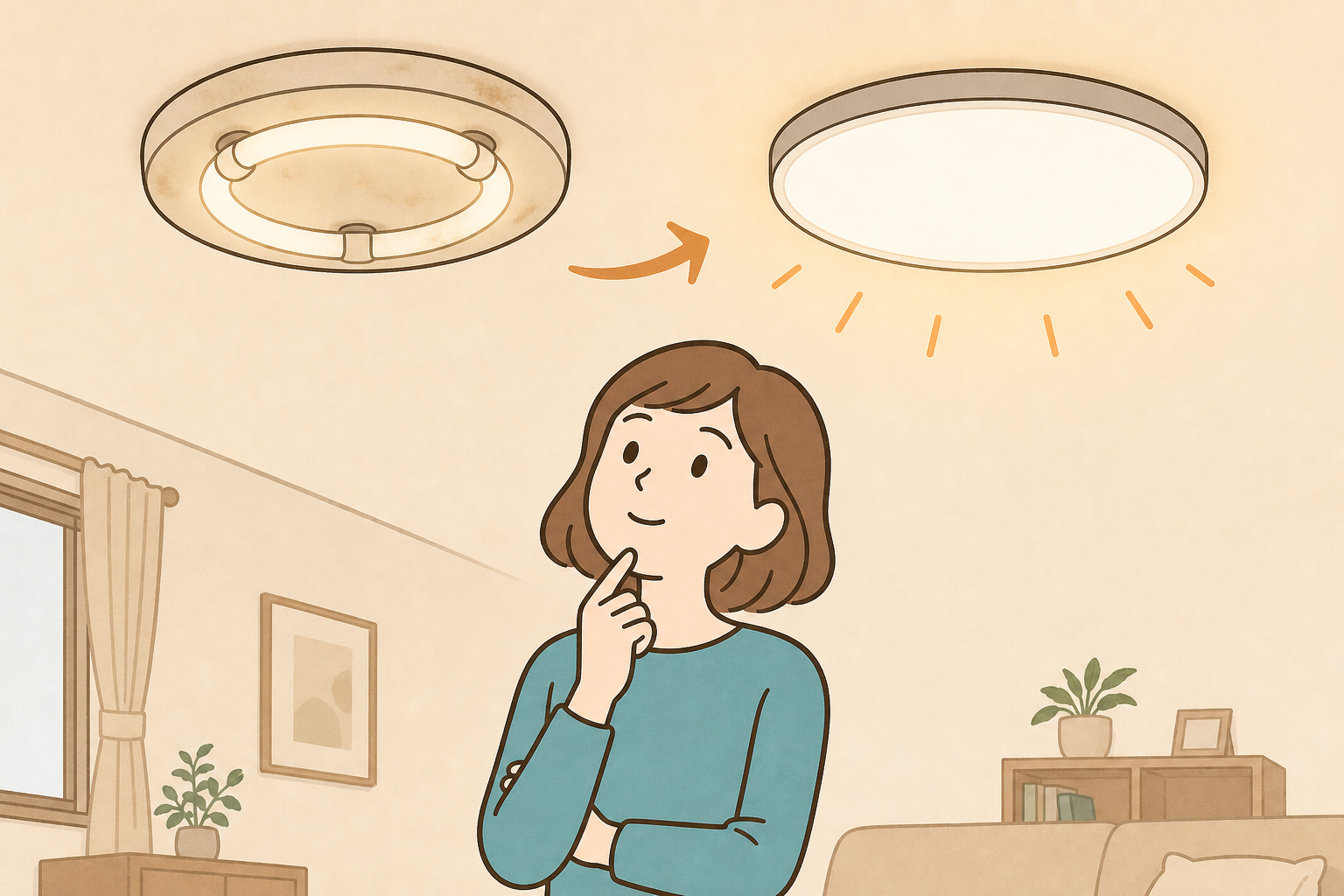 古い蛍光灯器具と新しいLEDシーリングライトを見比べる女性