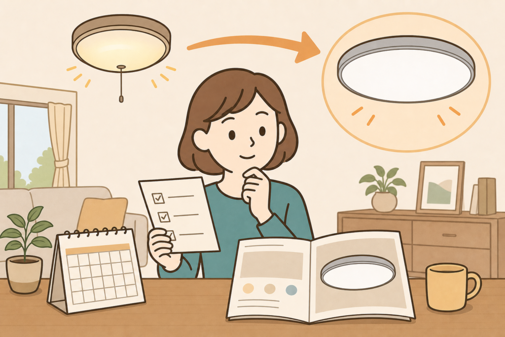 古い照明器具からLED照明への計画的な交換を検討する女性